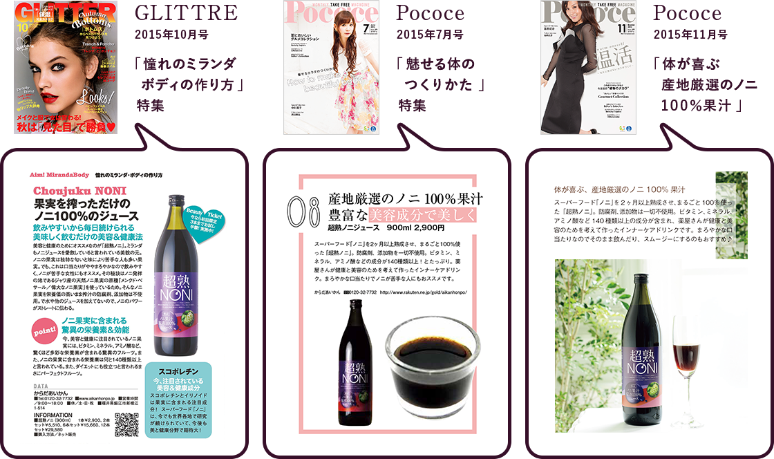 GLITTRE 2015年10月号 「憧れのミランダ  ボディの作り方」 特集 / Pococe 2015年7月号 「魅せる体のつくりかた」特集 / Pococe 2015年11月号 「体が喜ぶ産地厳選のノニ100％果汁」